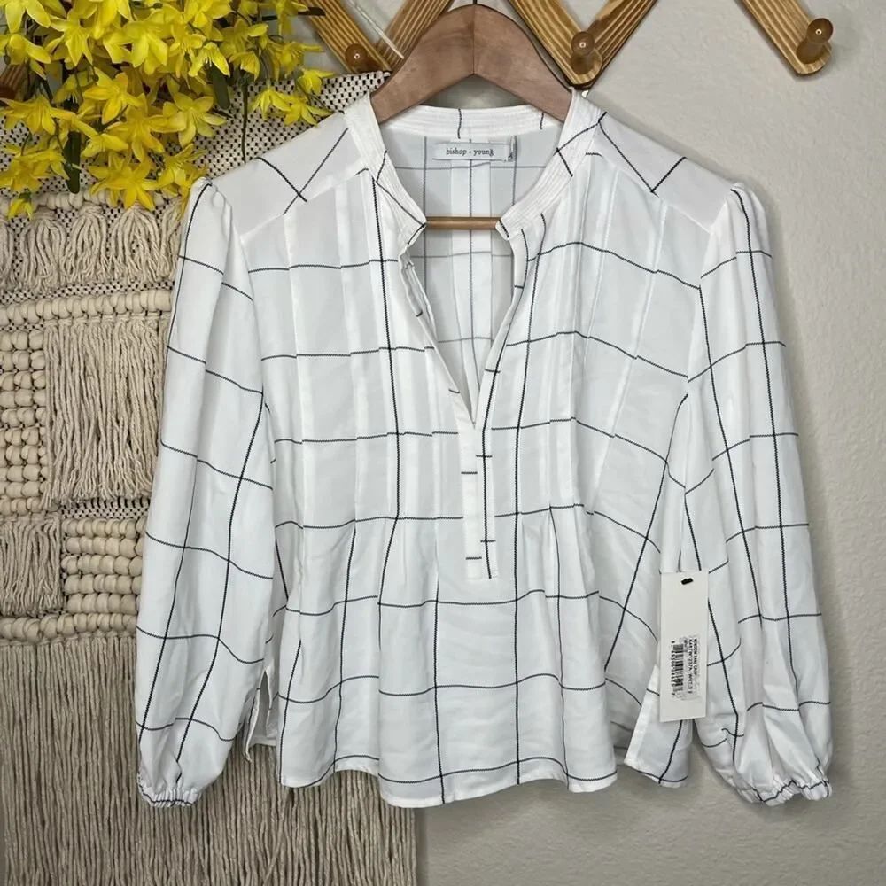 bishop + young white & navy plaid window pane blouse